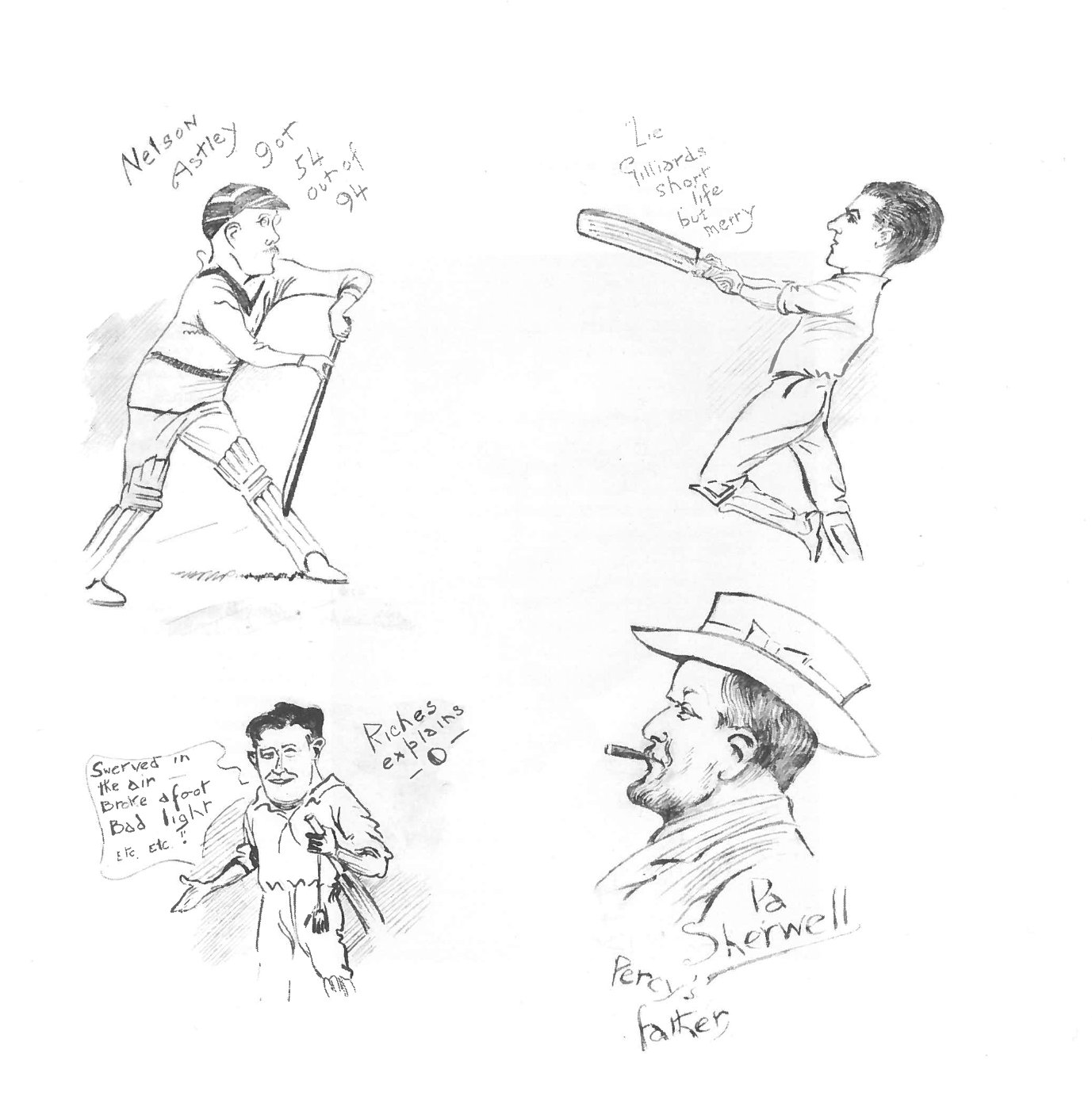 Pen caricatures of four players from before 1914